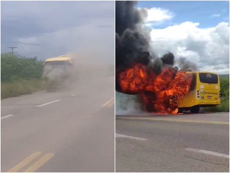 VÍDEO: Ônibus de passageiros com destino a Caicó pega fogo após pane elétrica no interior do RN